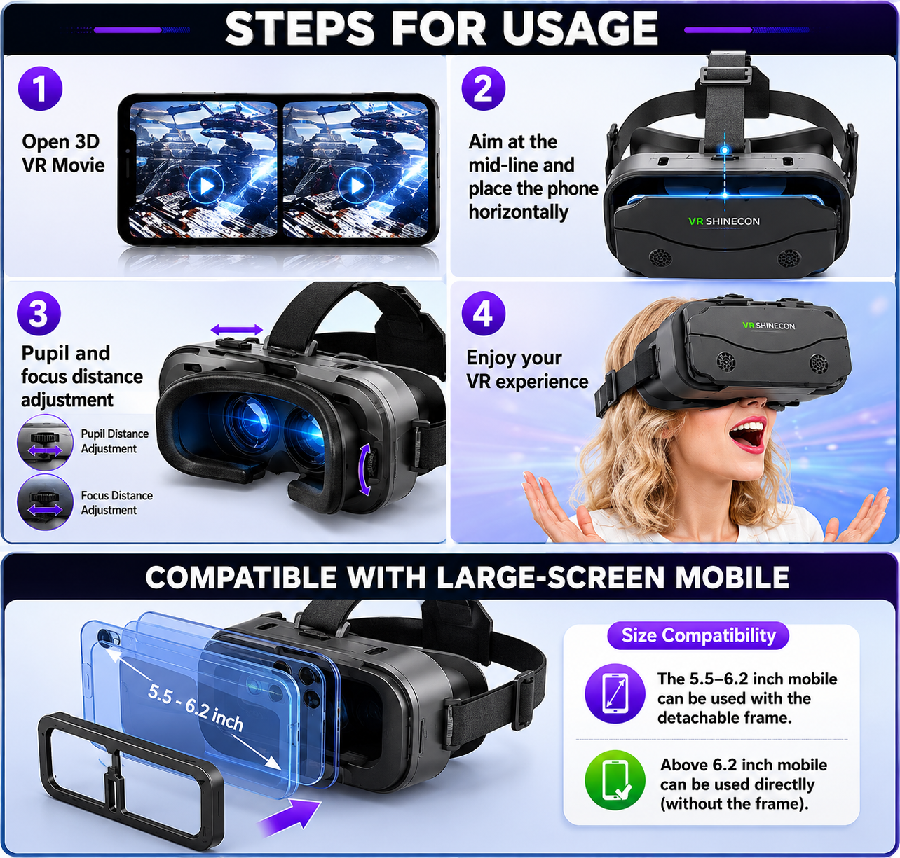 3D VR Glasses with Smart Goggles for Smartphones